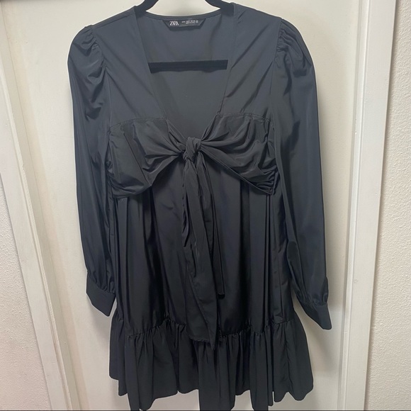 ZARA Black Mini Tie Front Ruffle Mini Dress - Picture 2 of 10